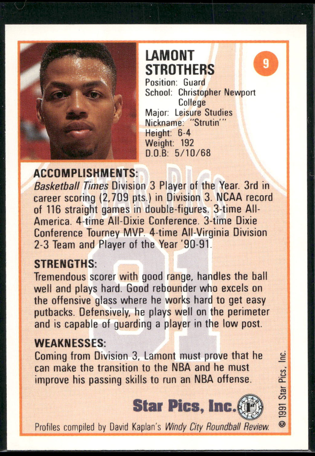 1991 Star Pics #9 Lamont Strothers