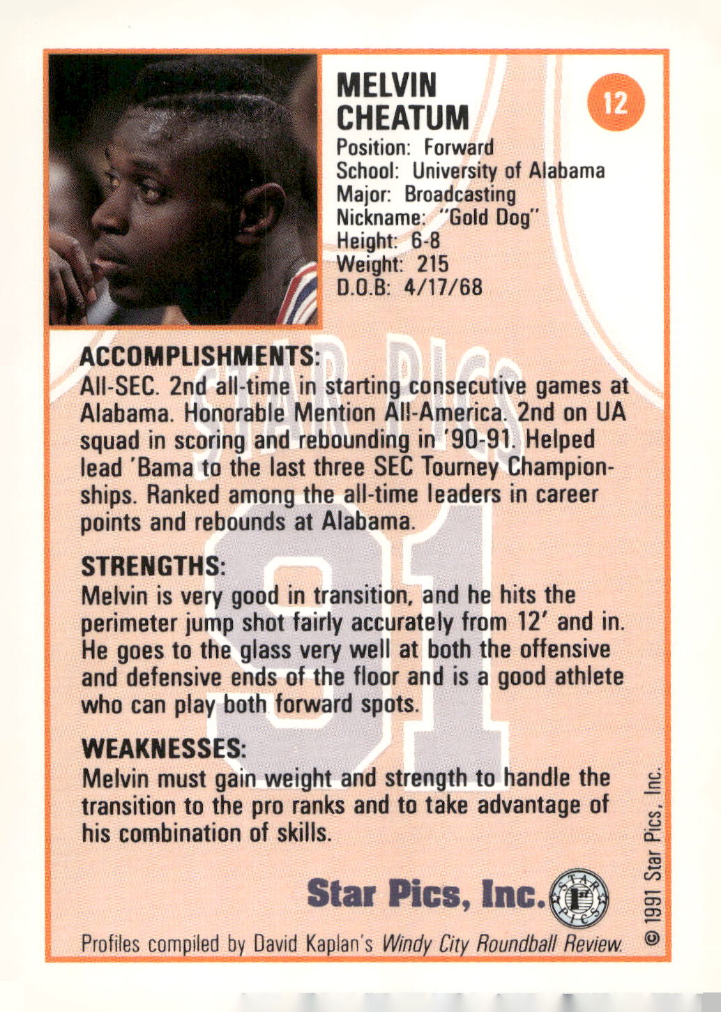 1991 Star Pics #12 Melvin Cheatum