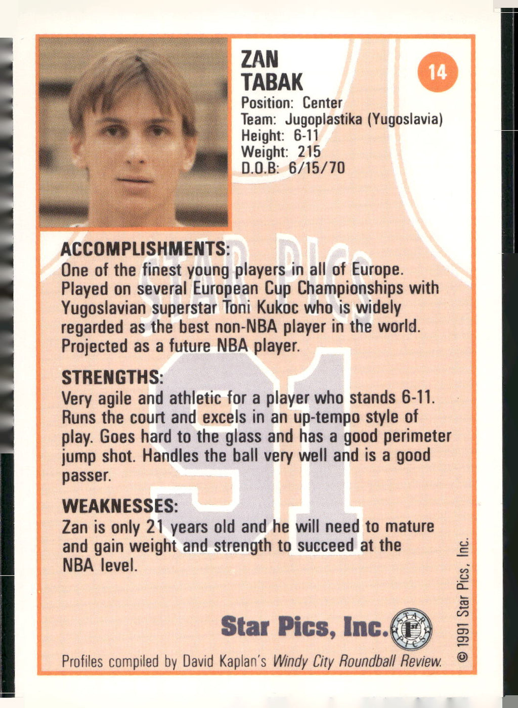 1991 Star Pics #14 Zan Tabak