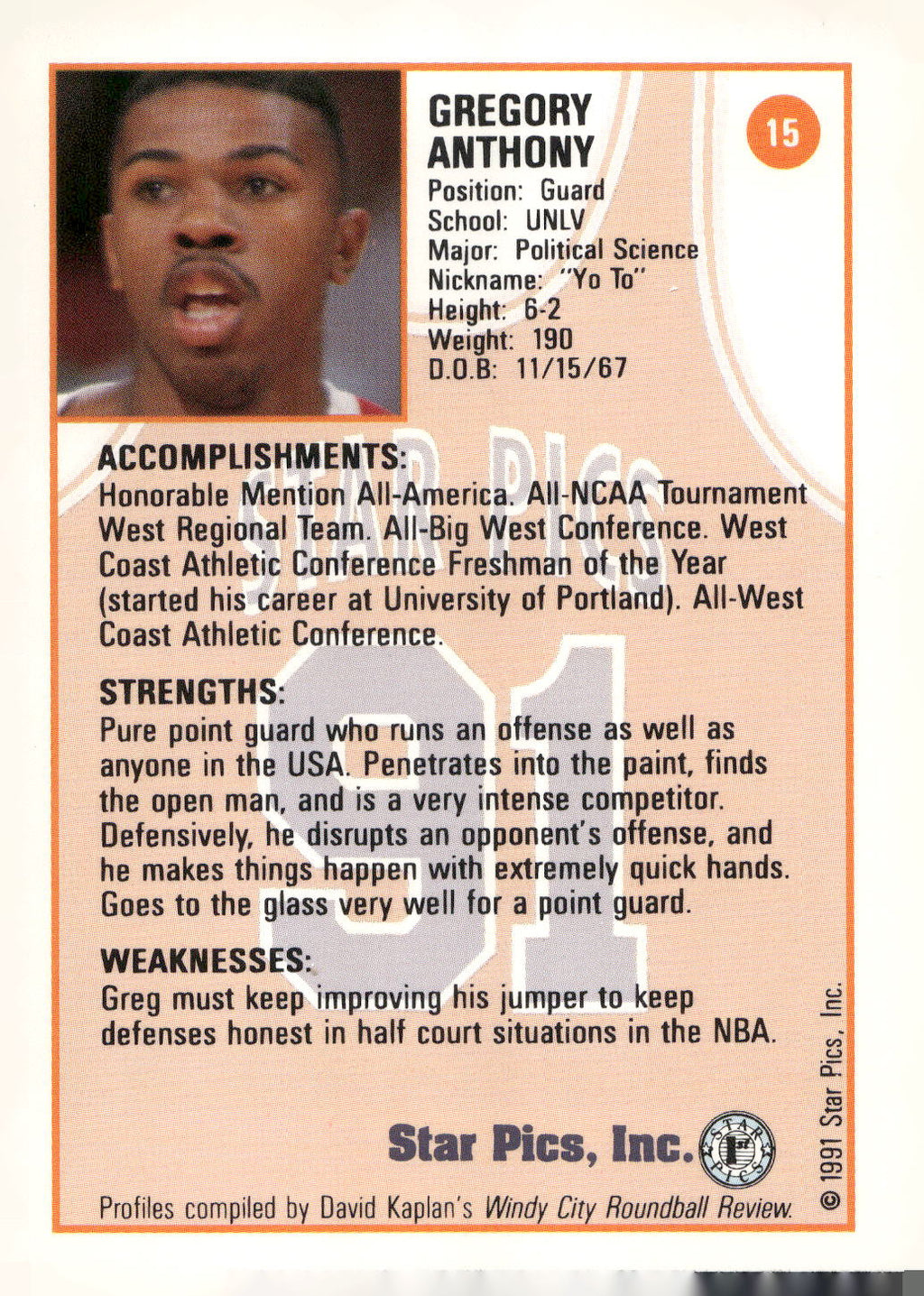 1991 Star Pics #15 Greg Anthony