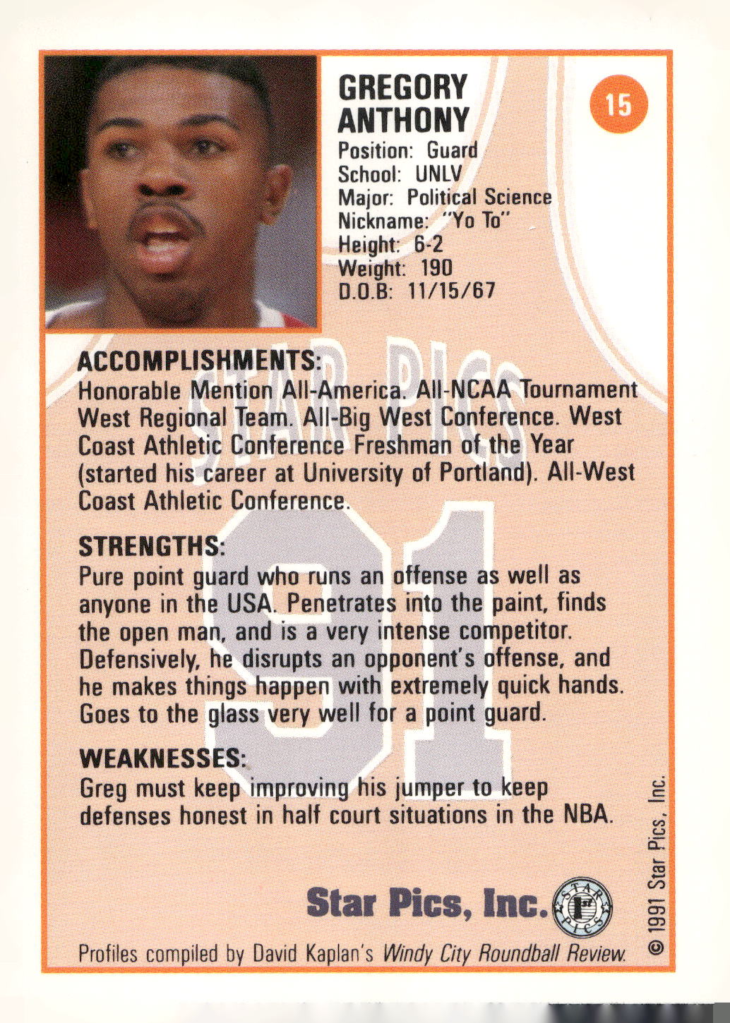 1991 Star Pics #15 Greg Anthony