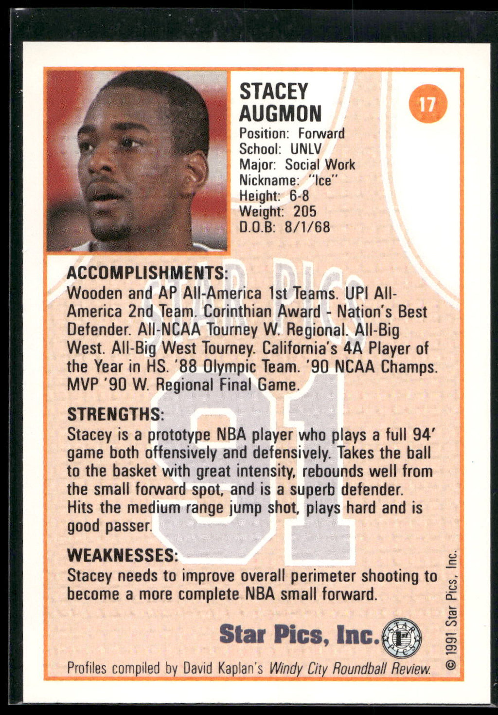 1991 Star Pics #17 Stacey Augmon