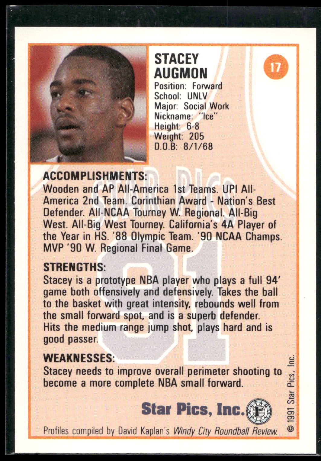 1991 Star Pics #17 Stacey Augmon
