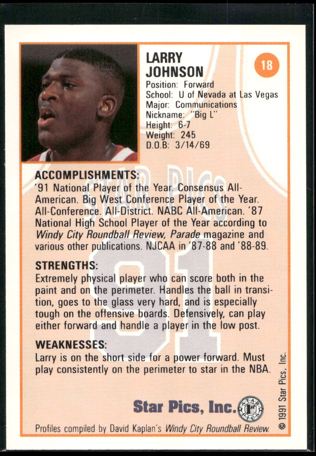 1991 Star Pics #18 Larry Johnson