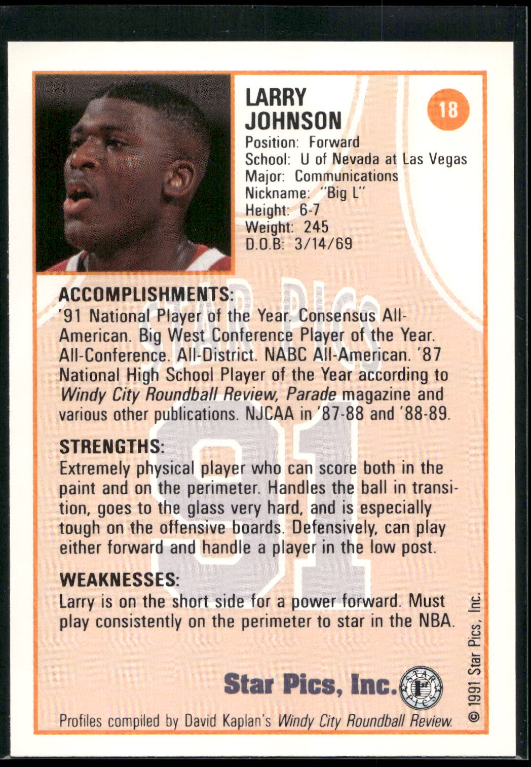 1991 Star Pics #18 Larry Johnson