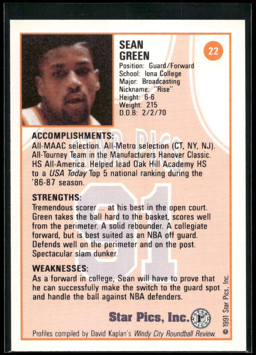 1991 Star Pics #22 Sean Green
