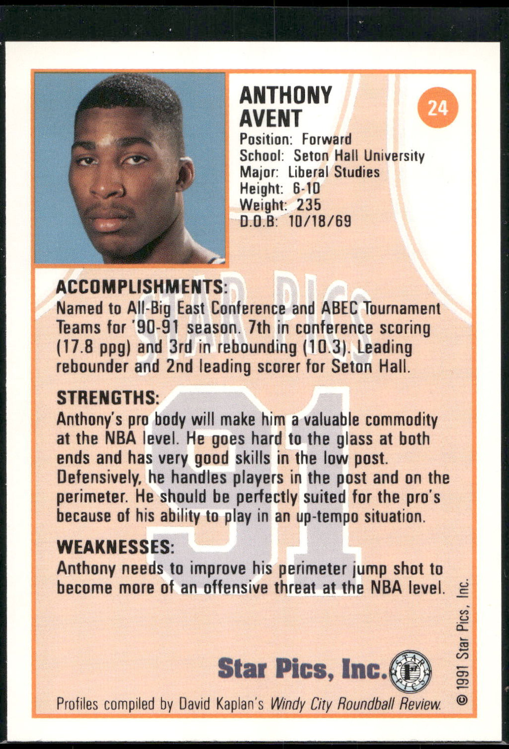 1991 Star Pics #24 Anthony Avent