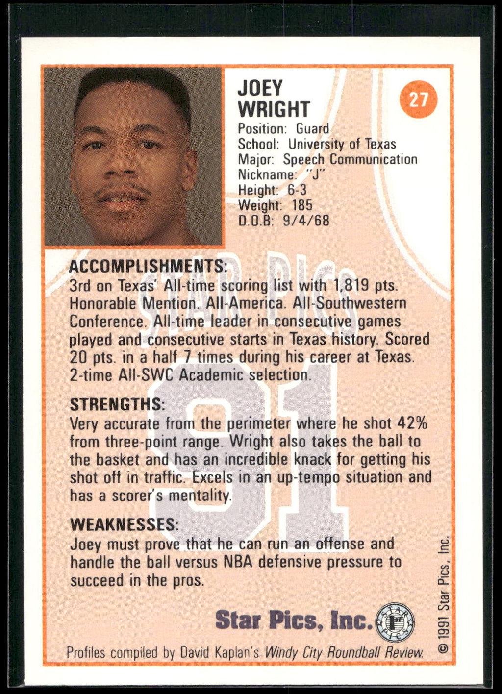 1991 Star Pics #27 Joey Wright