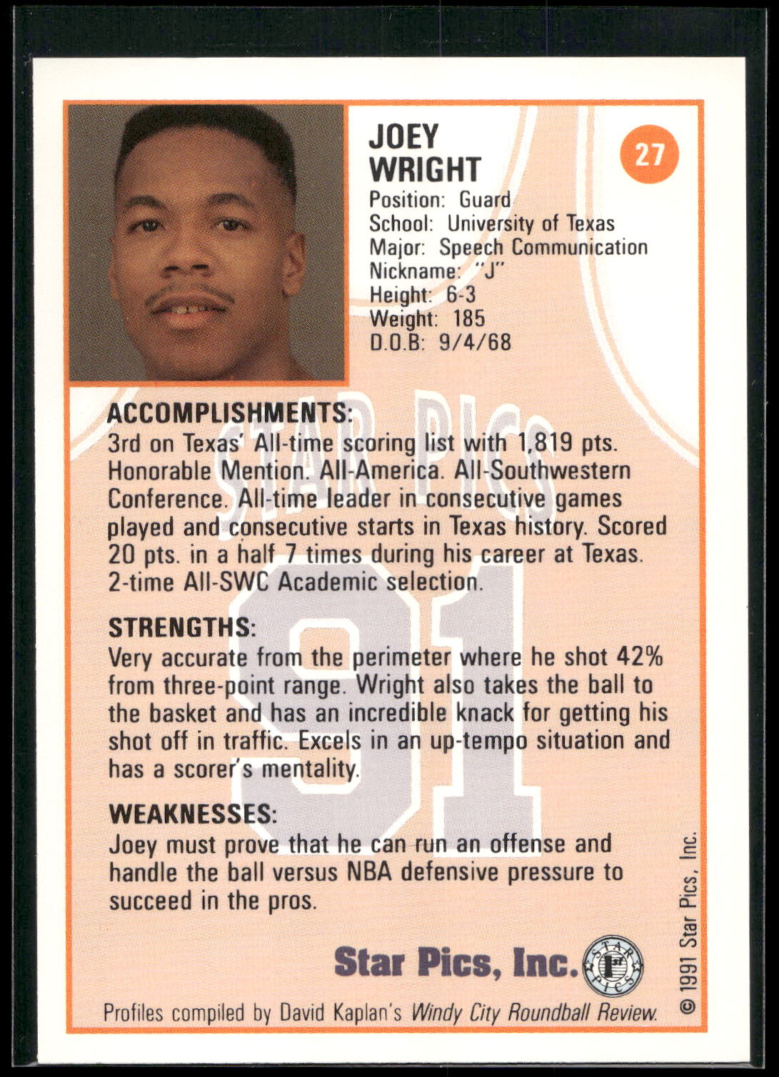 1991 Star Pics #27 Joey Wright