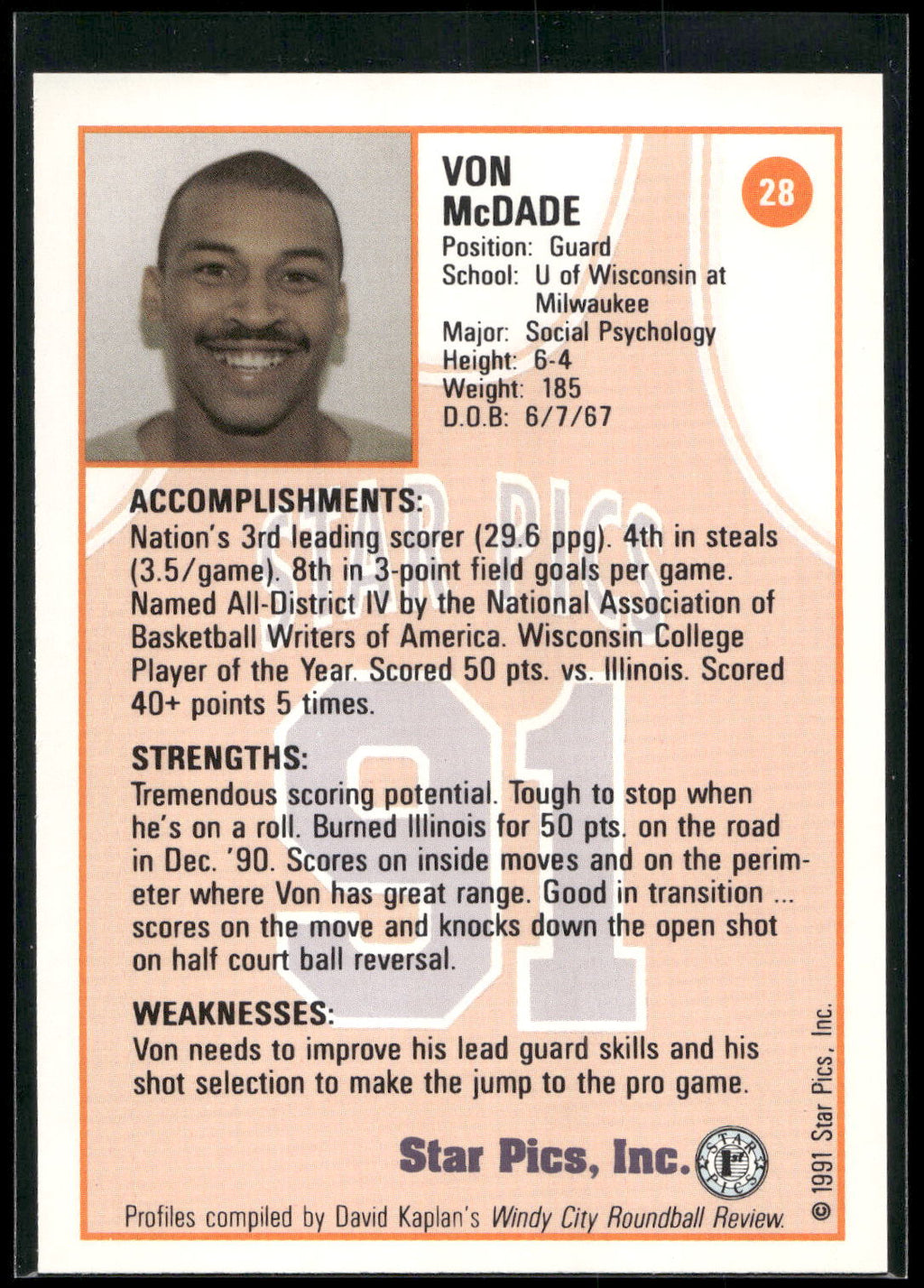 1991 Star Pics #28 Von McDade