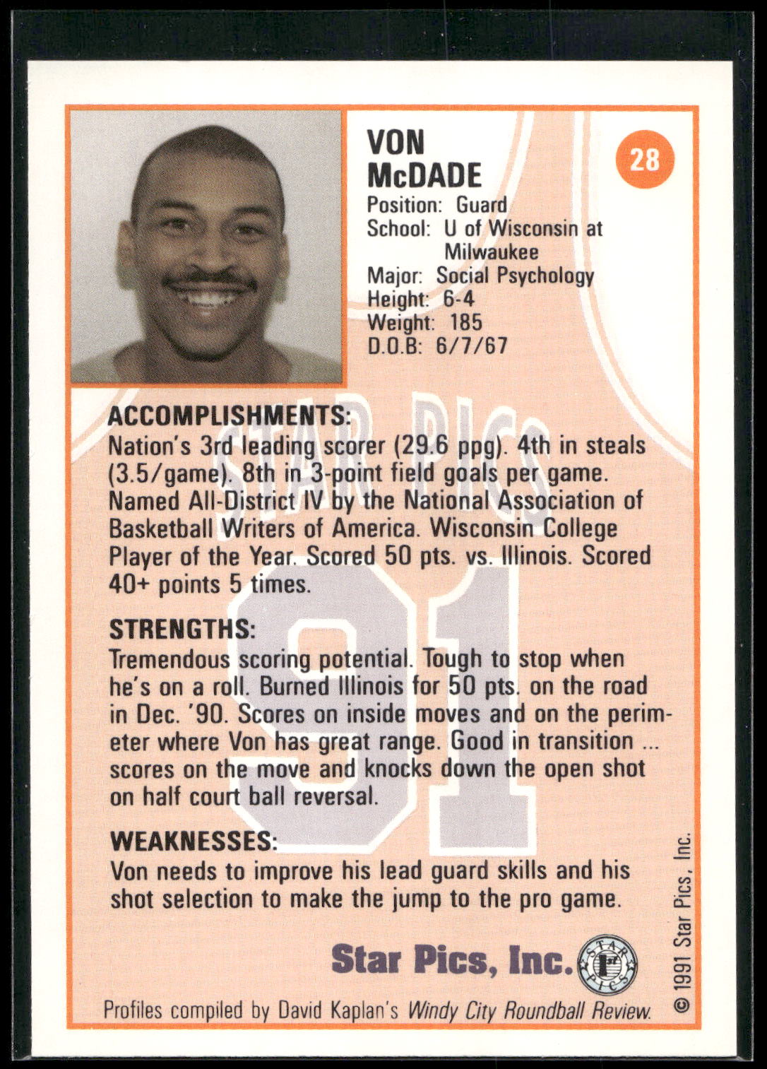 1991 Star Pics #28 Von McDade