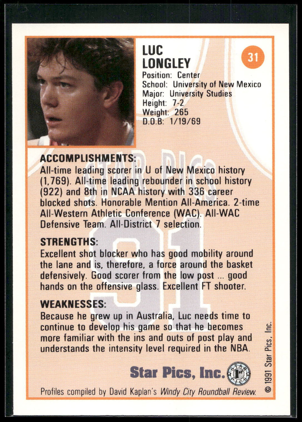 1991 Star Pics #31 Luc Longley