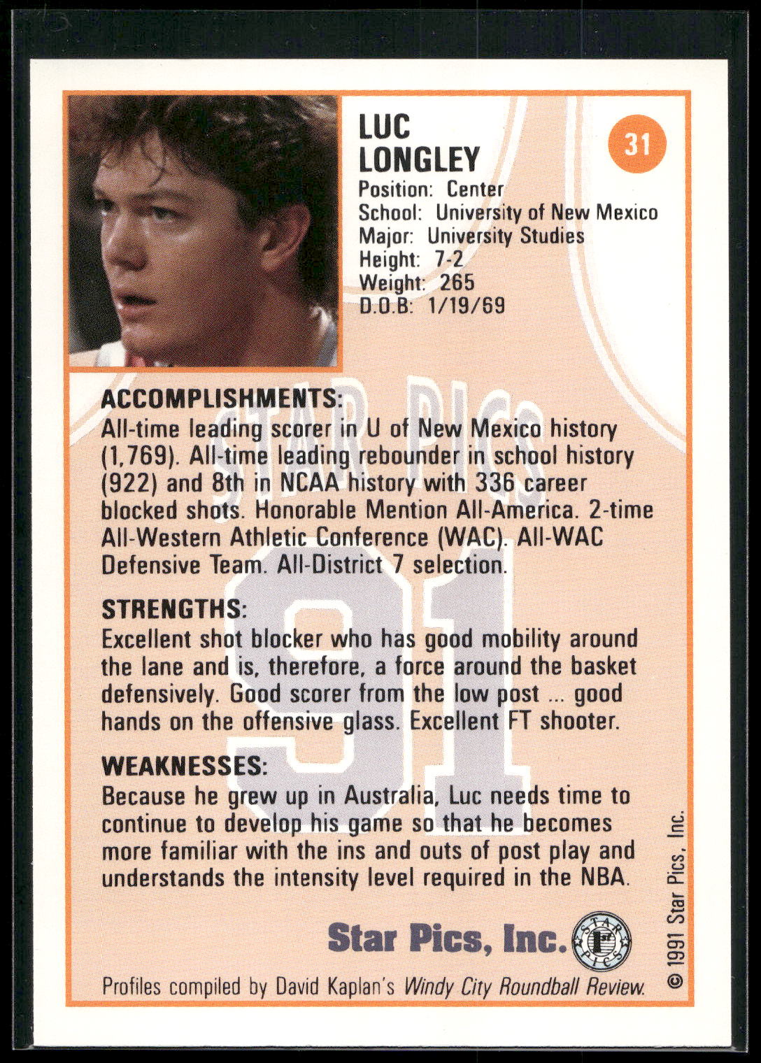 1991 Star Pics #31 Luc Longley