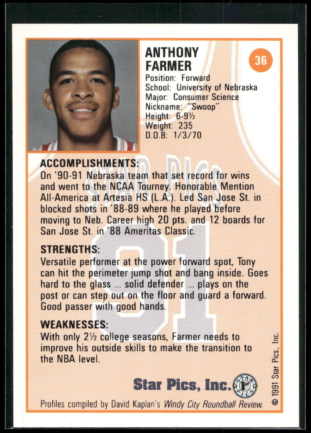 1991 Star Pics #36 Tony Farmer
