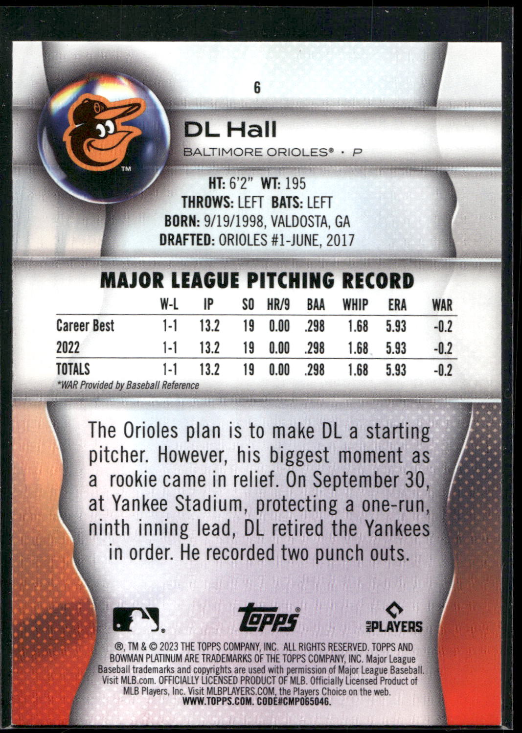 2023 Bowman Platinum #6 DL Hall