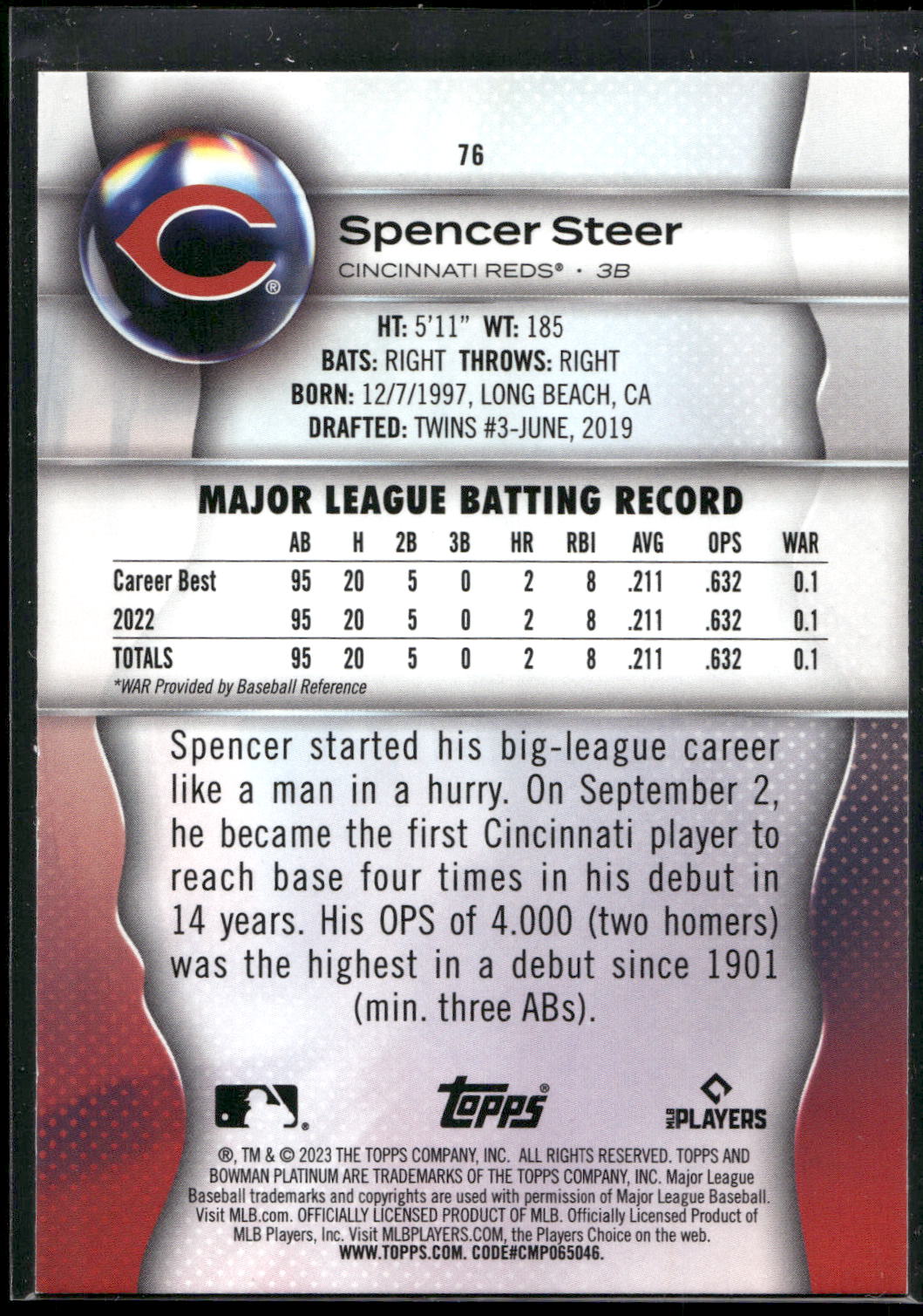 2023 Bowman Platinum #76 Spencer Steer