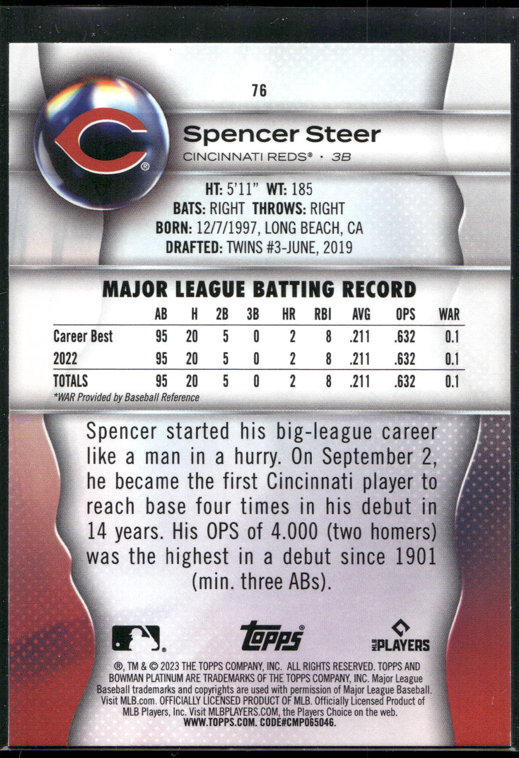2023 Bowman Platinum #76 Spencer Steer