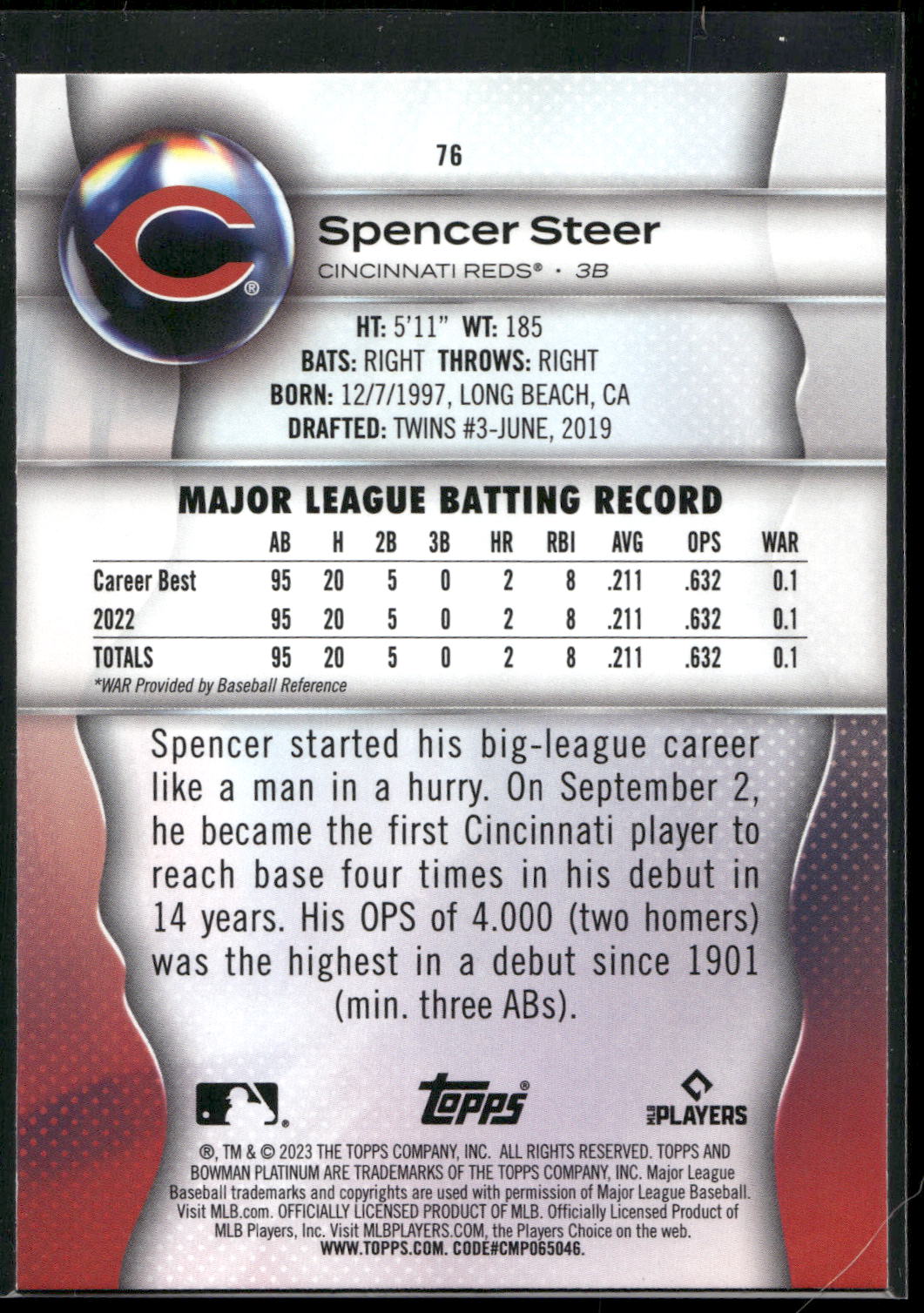 2023 Bowman Platinum #76 Spencer Steer
