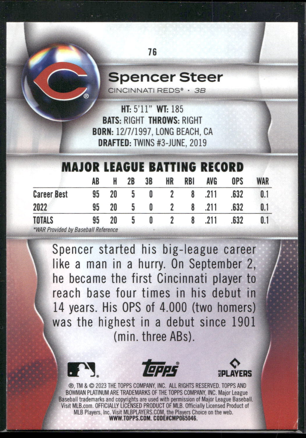 2023 Bowman Platinum #76 Spencer Steer