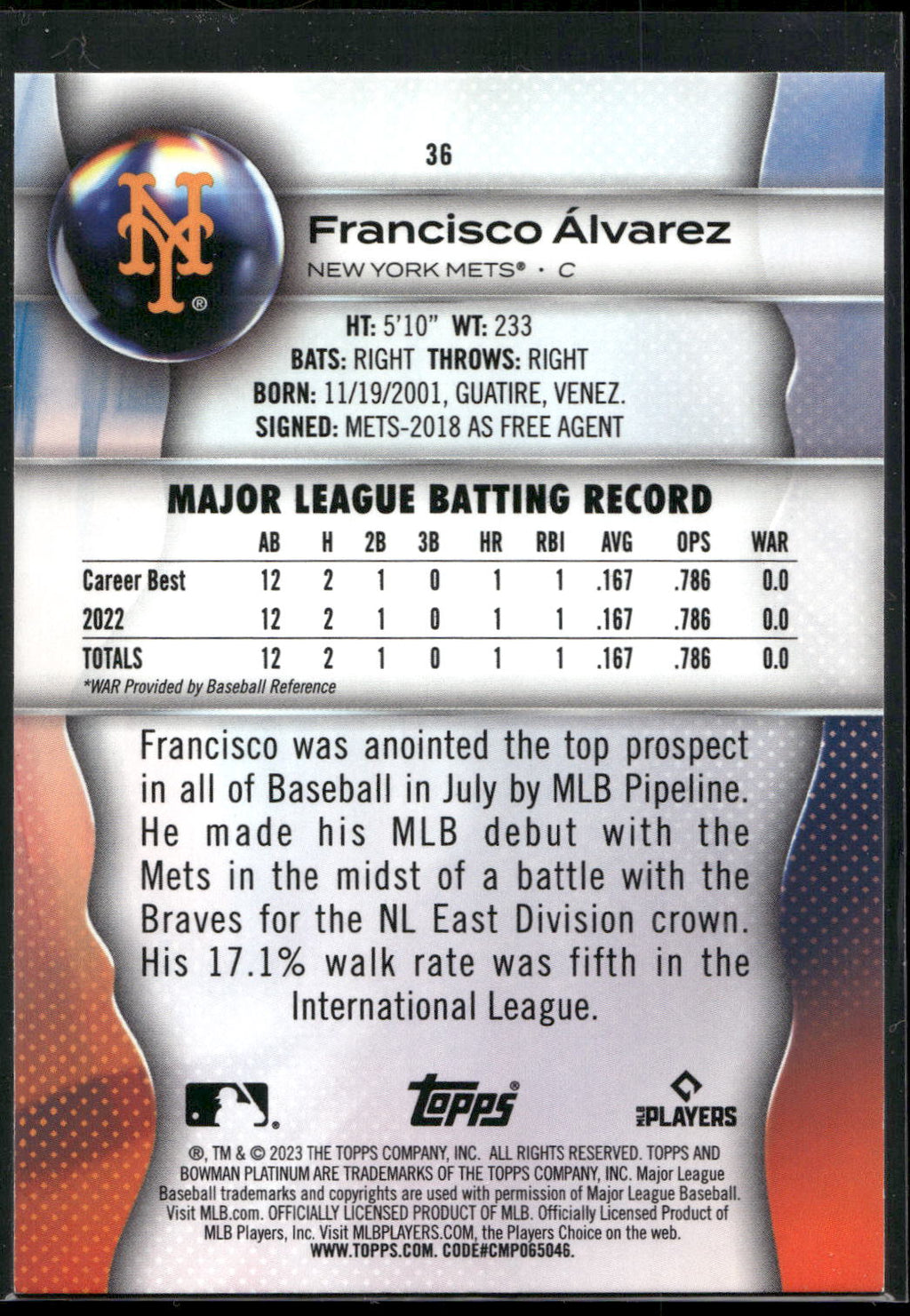 2023 Bowman Platinum #36 Francisco Álvarez