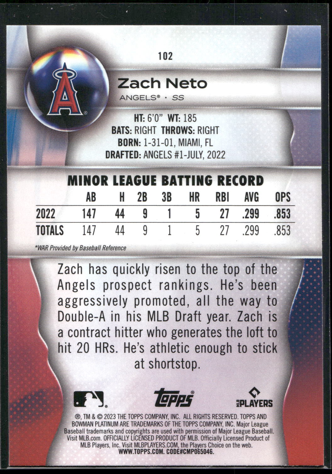 2023 Bowman Platinum #102 Zach Neto