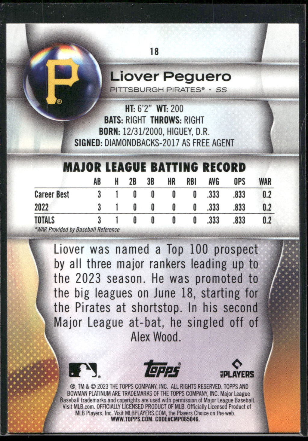 2023 Bowman Platinum #18 Liover Peguero