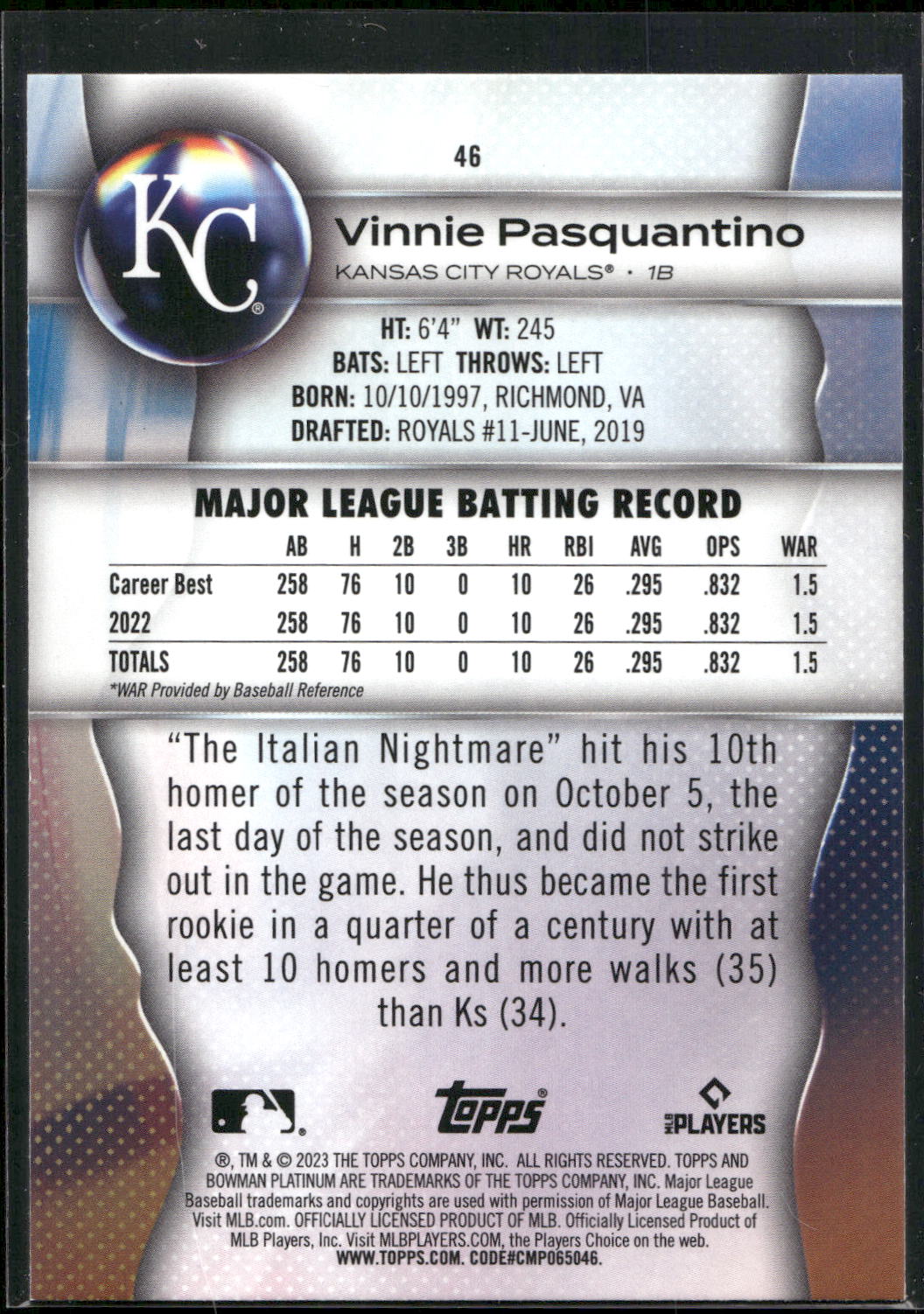 2023 Bowman Platinum #46 Vinnie Pasquantino
