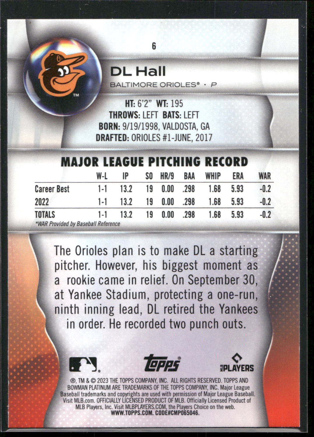 2023 Bowman Platinum #6 DL Hall