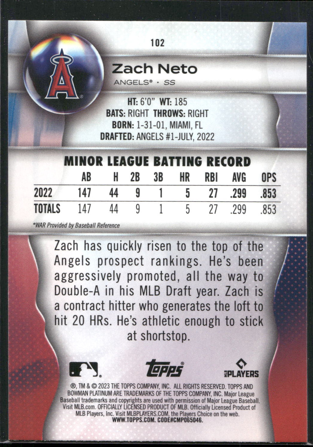 2023 Bowman Platinum #102 Zach Neto