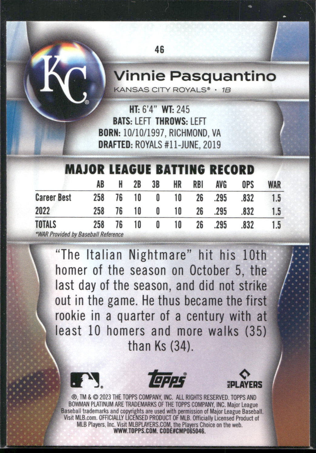 2023 Bowman Platinum #46 Vinnie Pasquantino