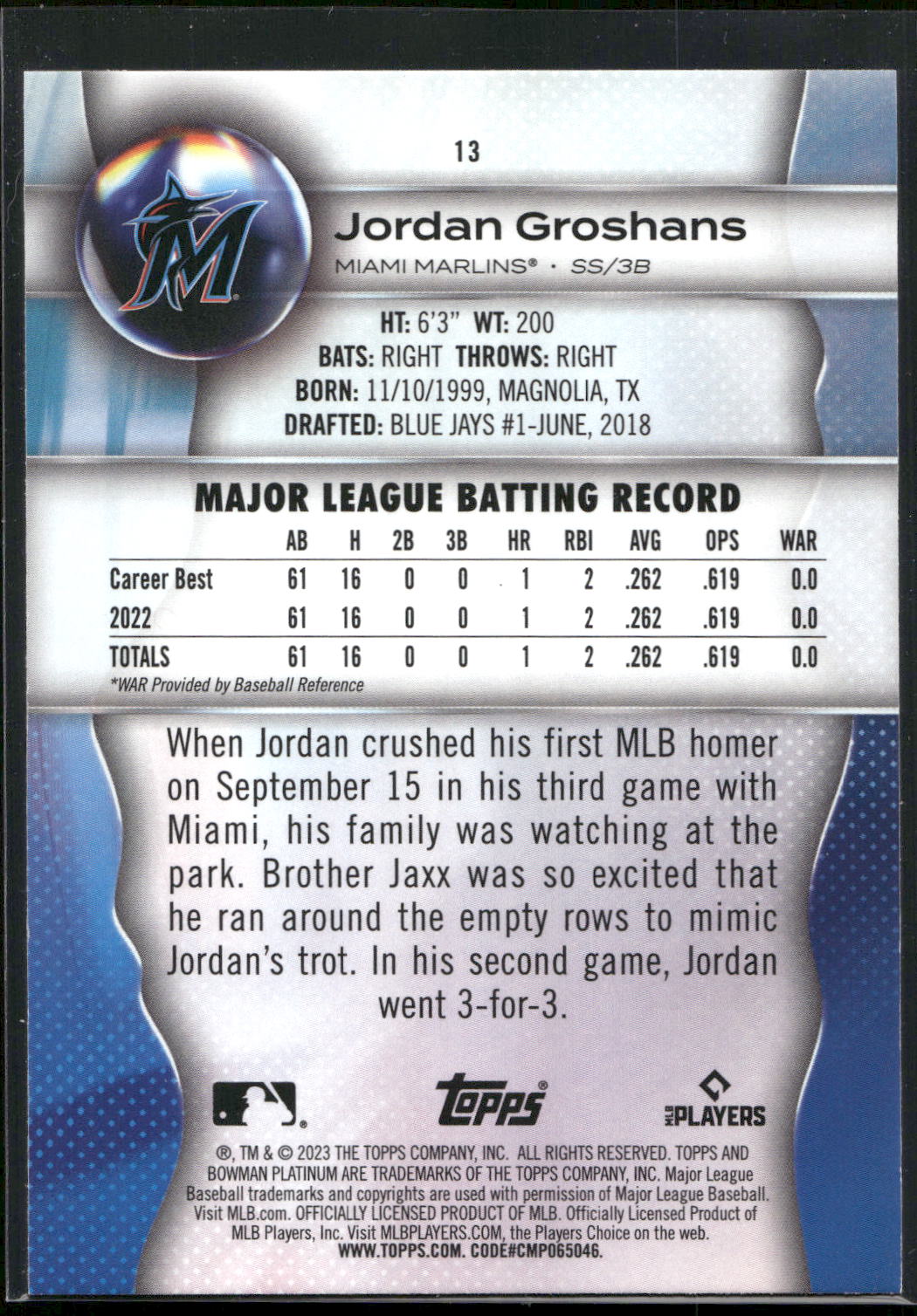 2023 Bowman Platinum #13 Jordan Groshans