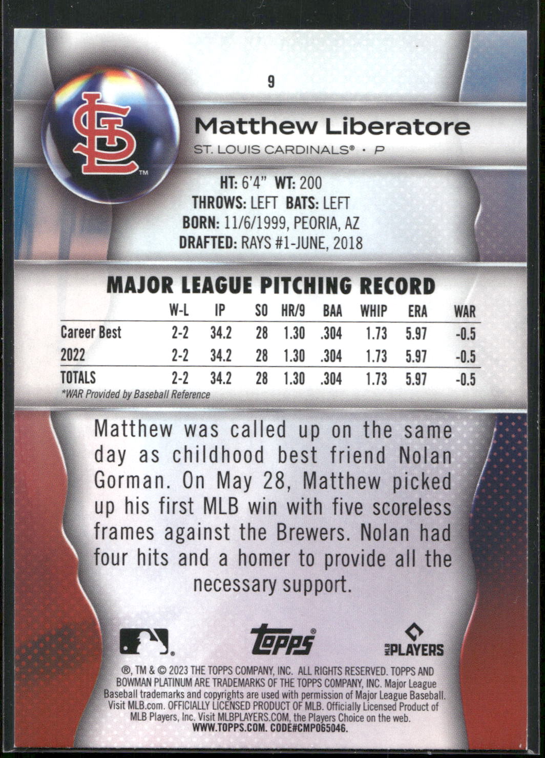 2023 Bowman Platinum #9 Matthew Liberatore