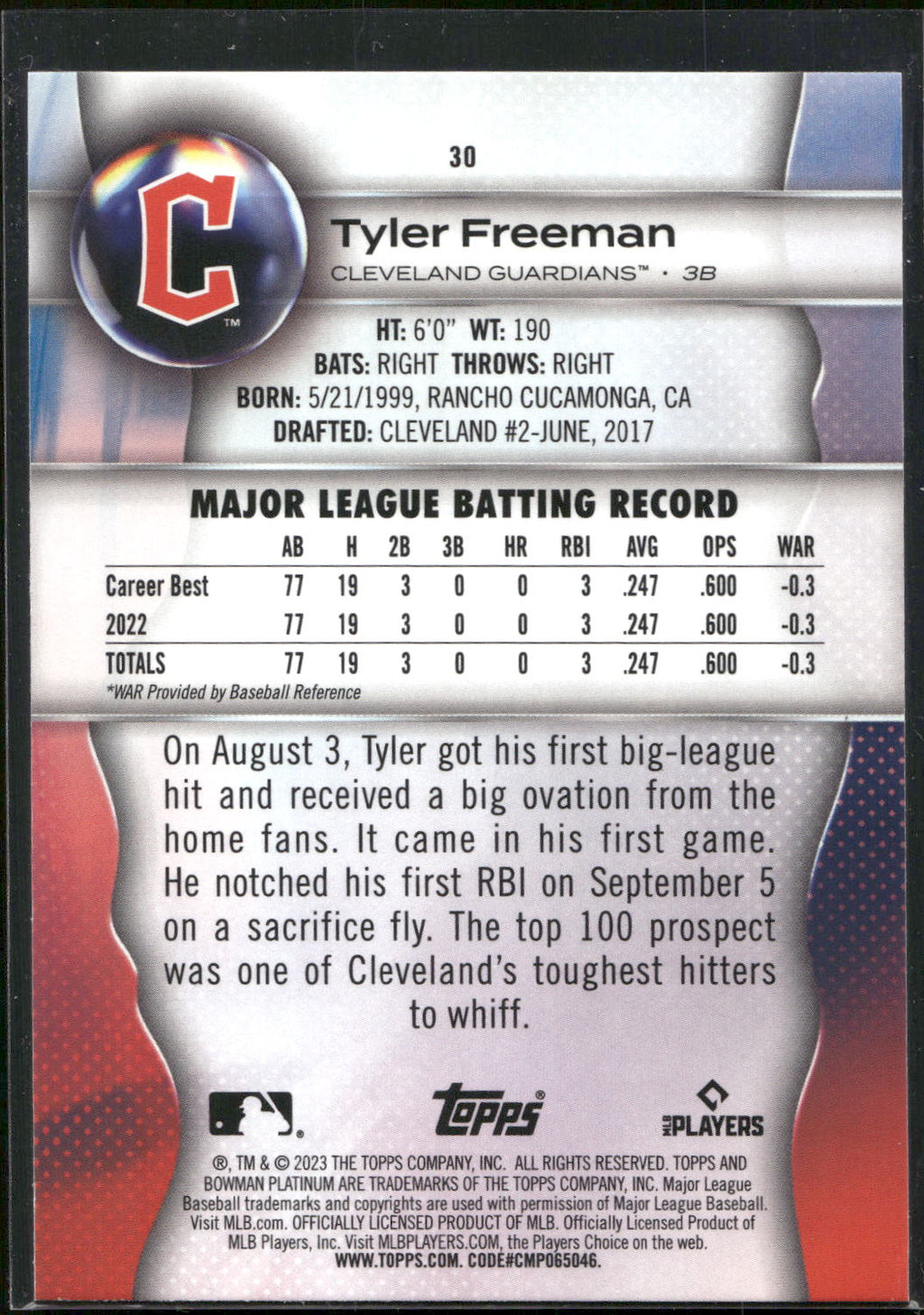 2023 Bowman Platinum #30 Tyler Freeman