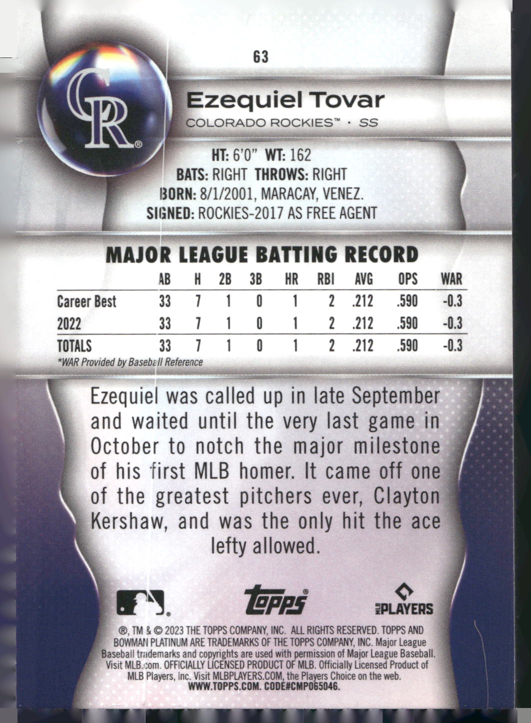 2023 Bowman Platinum #63 Ezequiel Tovar