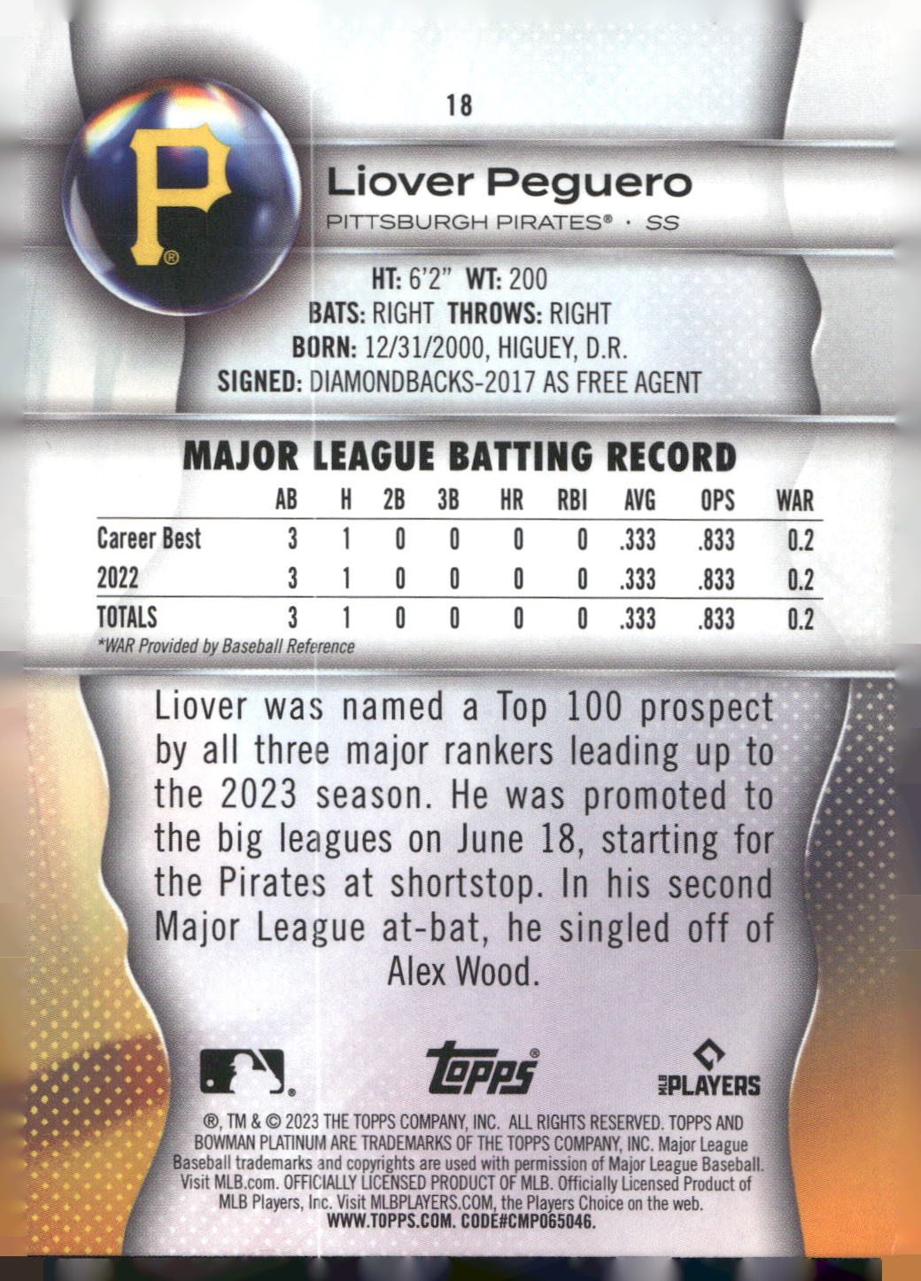 2023 Bowman Platinum #18 Liover Peguero