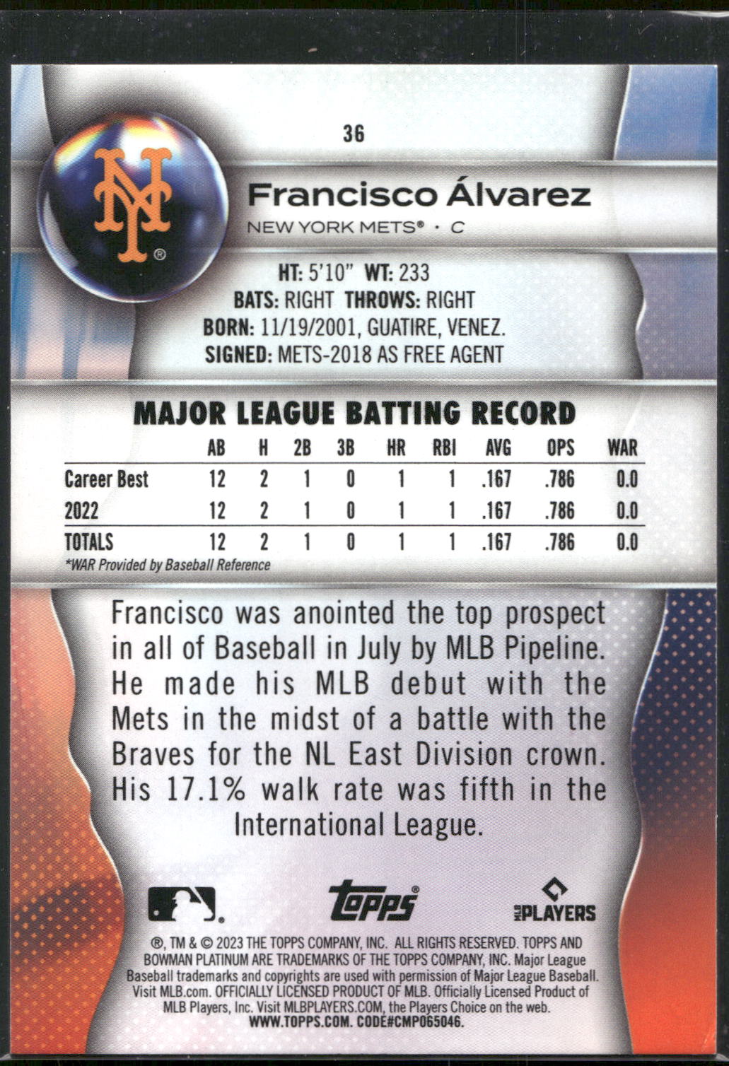 2023 Bowman Platinum #36 Francisco Álvarez