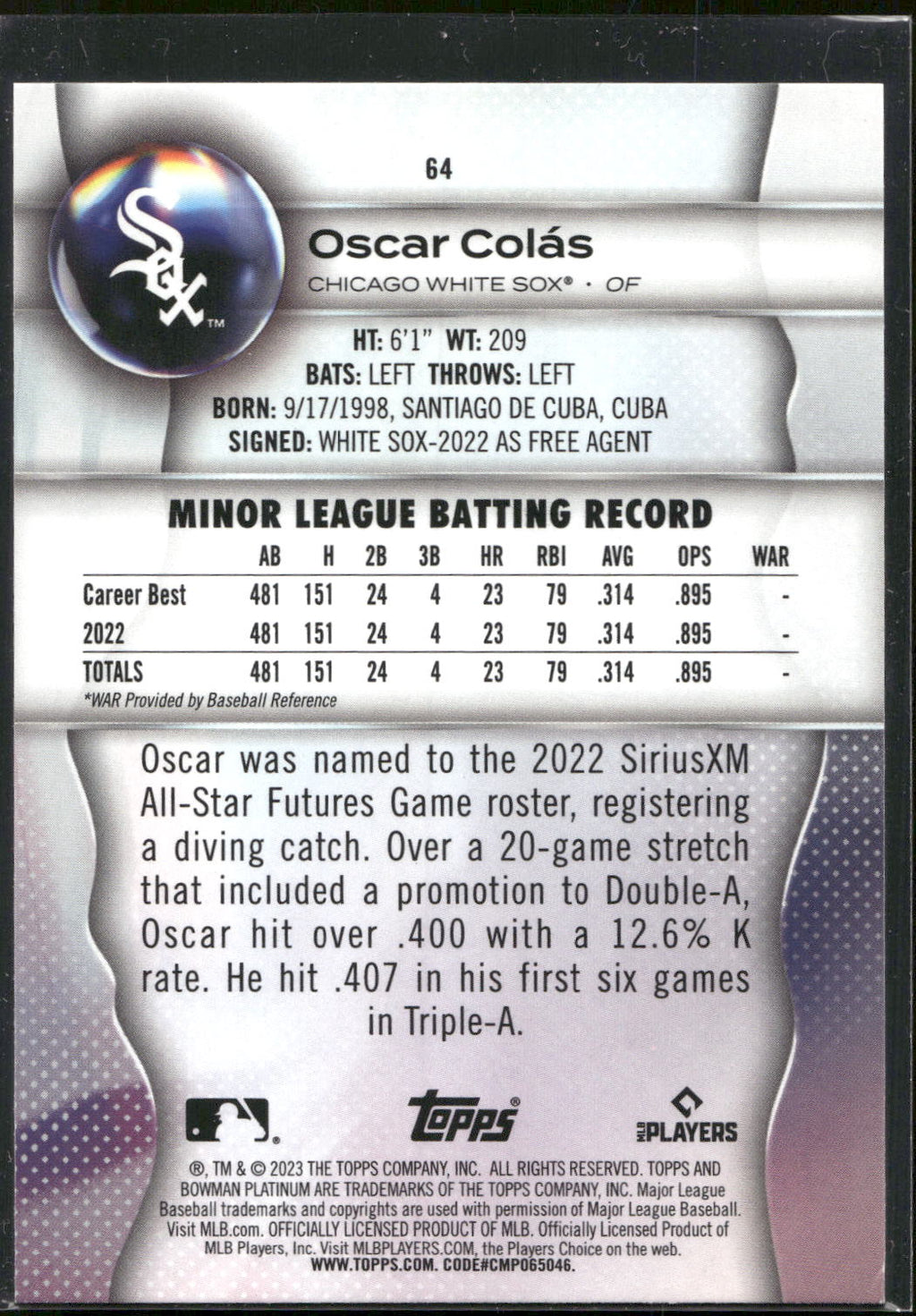 2023 Bowman Platinum #64 Oscar Colás