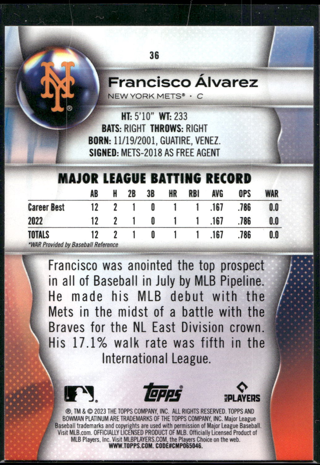 2023 Bowman Platinum #36 Francisco Álvarez