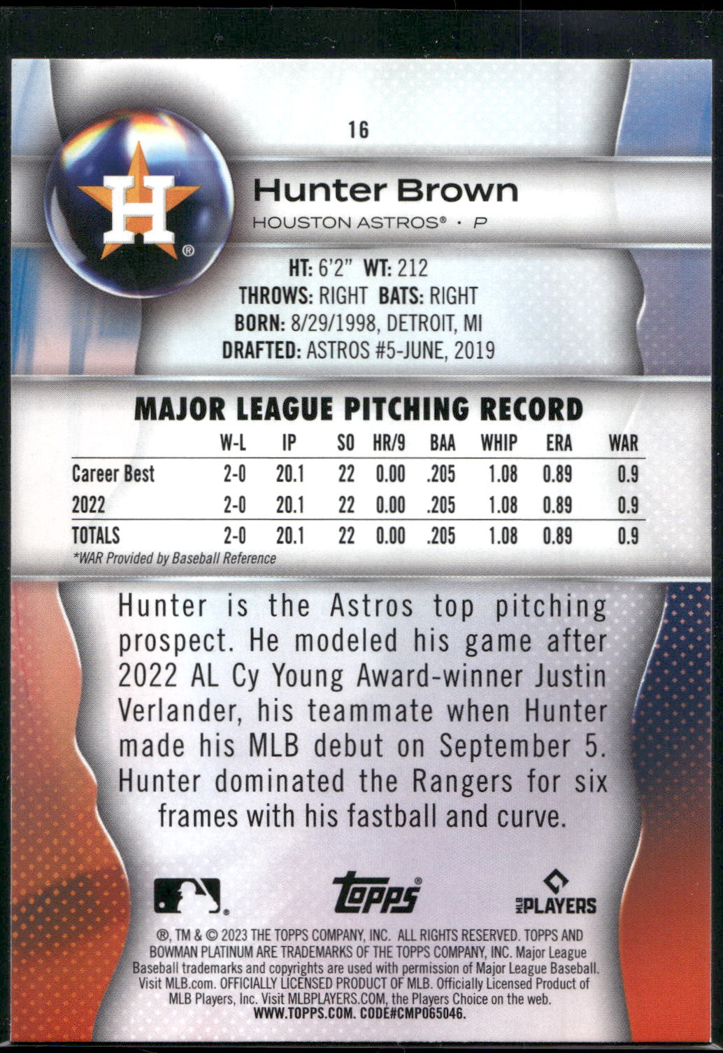 2023 Bowman Platinum #16 Hunter Brown