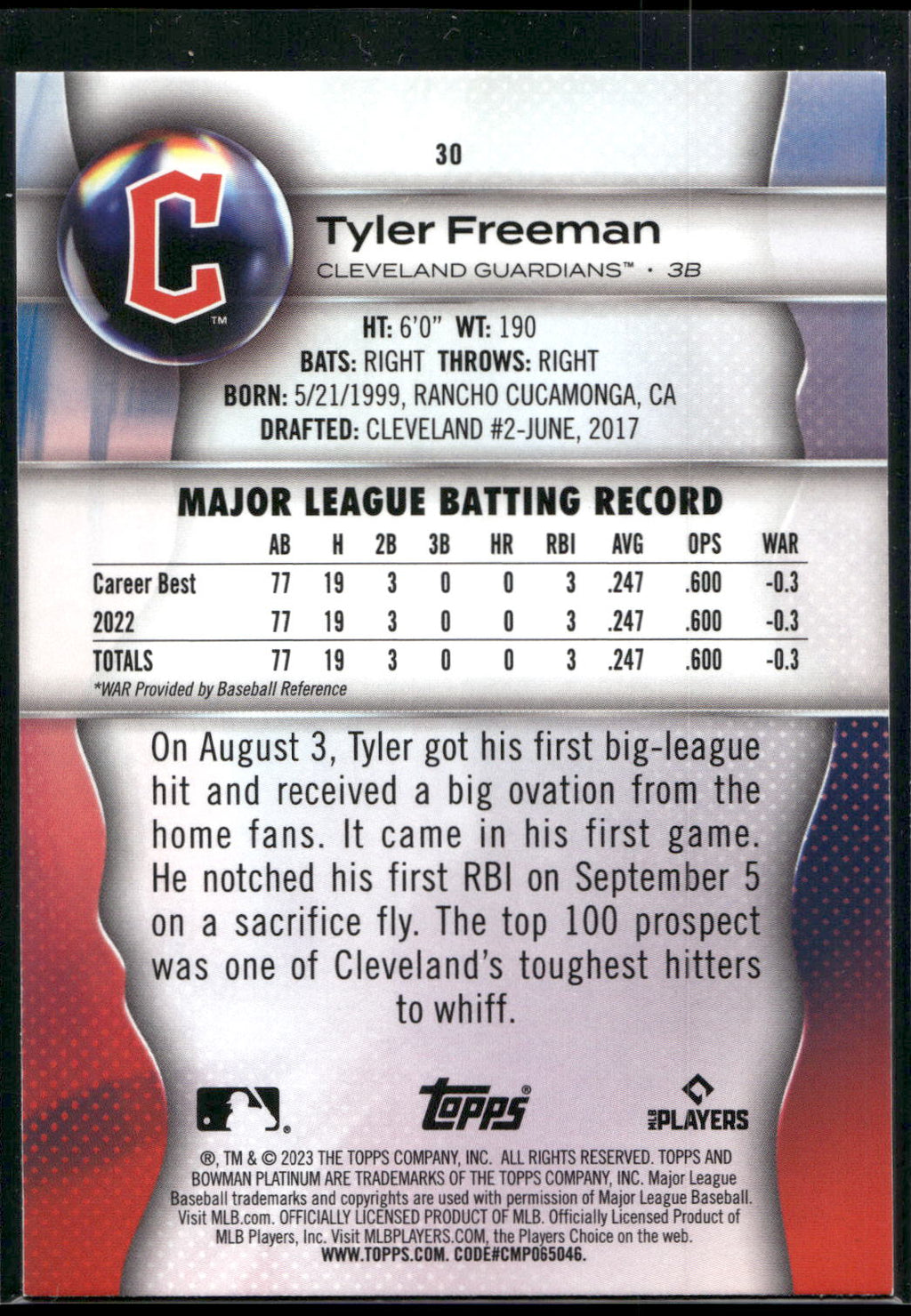 2023 Bowman Platinum #30 Tyler Freeman