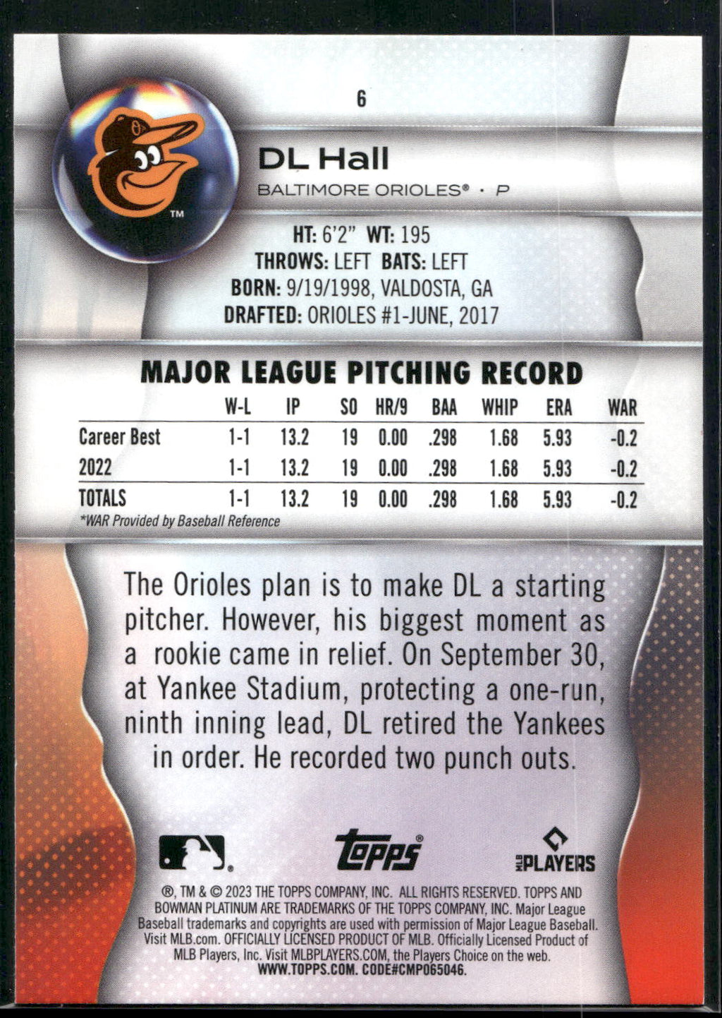 2023 Bowman Platinum #6 DL Hall