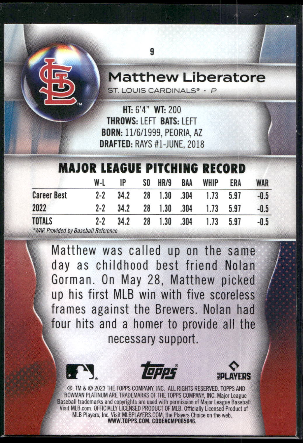 2023 Bowman Platinum #9 Matthew Liberatore