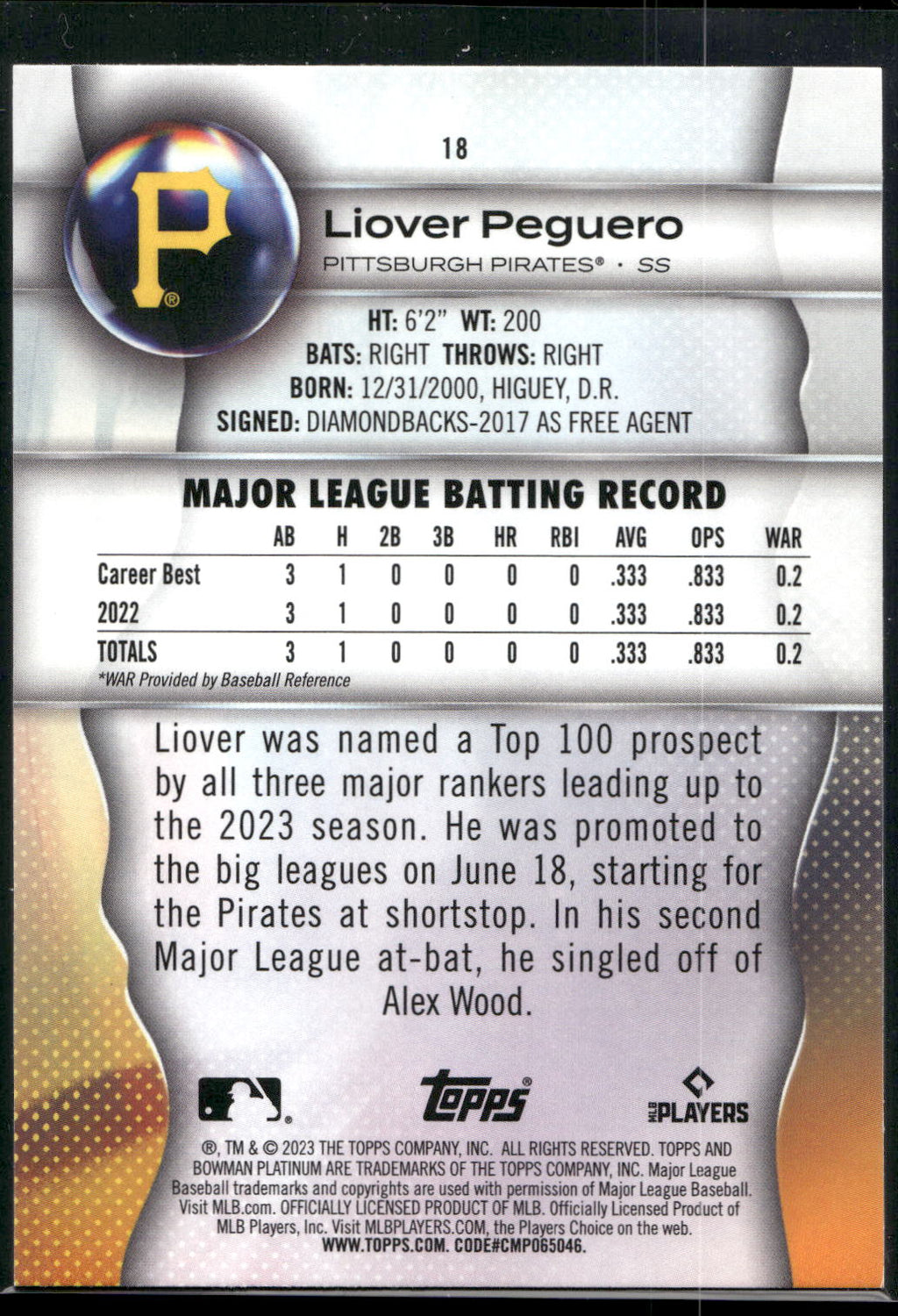 2023 Bowman Platinum #18 Liover Peguero