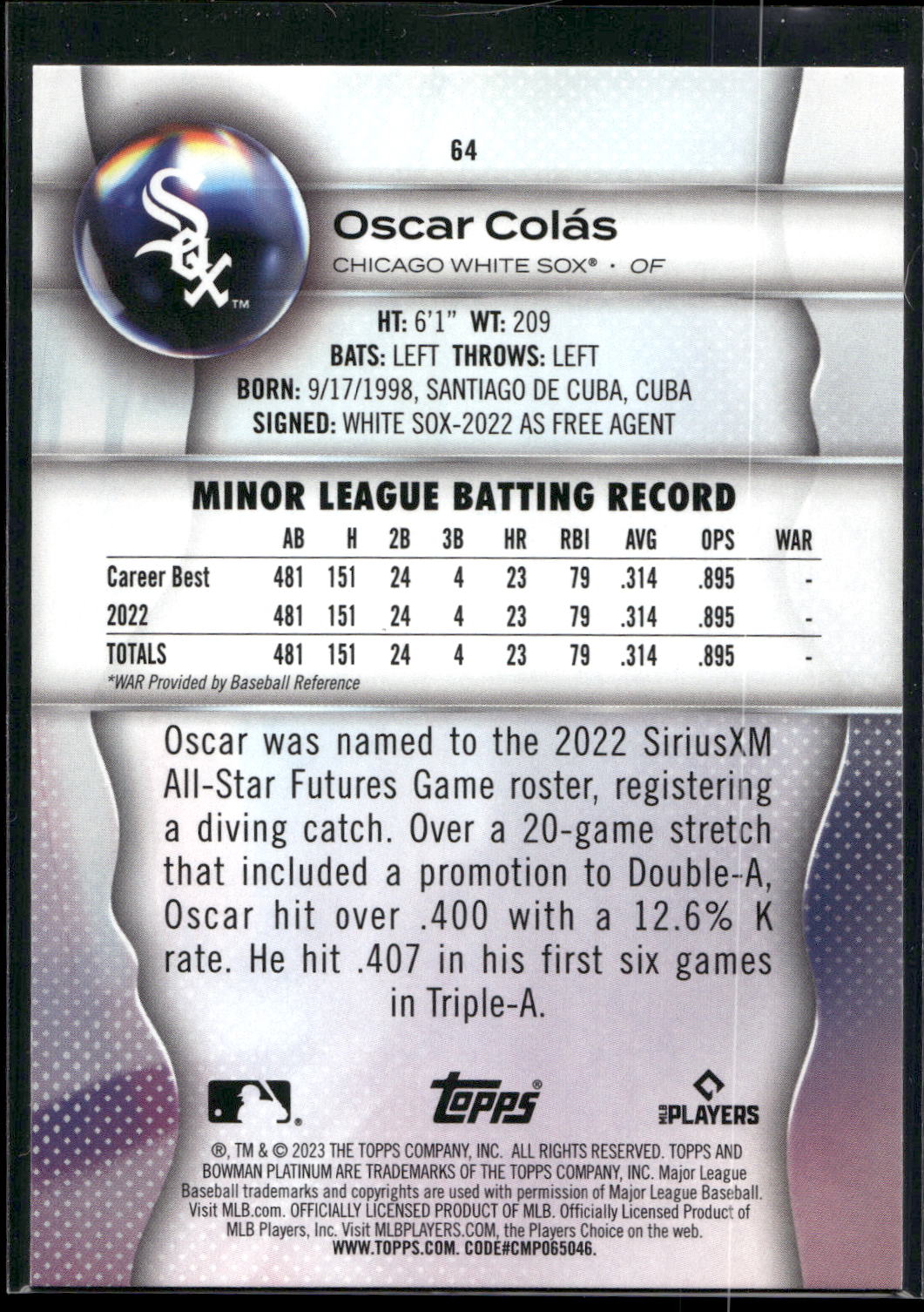 2023 Bowman Platinum #64 Oscar Colás