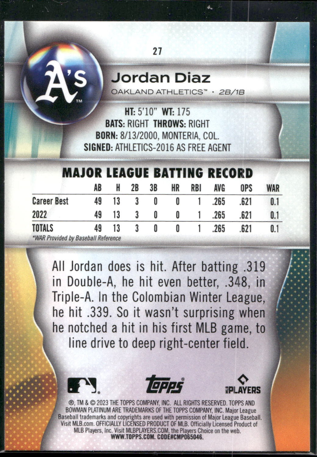 2023 Bowman Platinum #27 Jordan Diaz