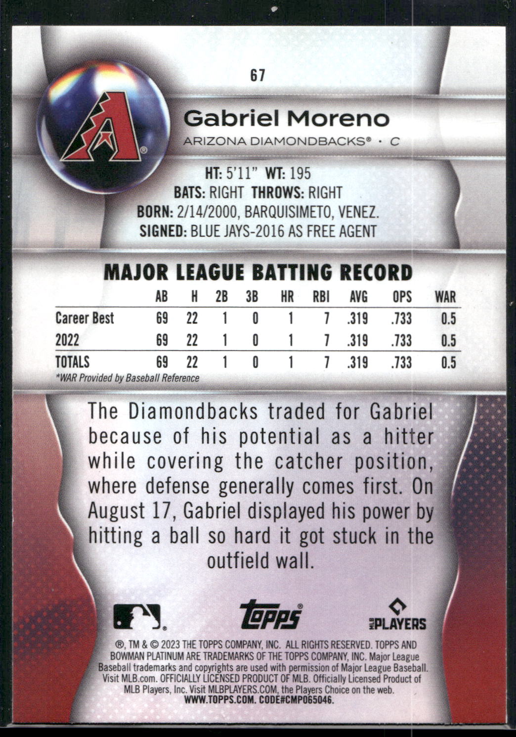 2023 Bowman Platinum #67 Gabriel Moreno