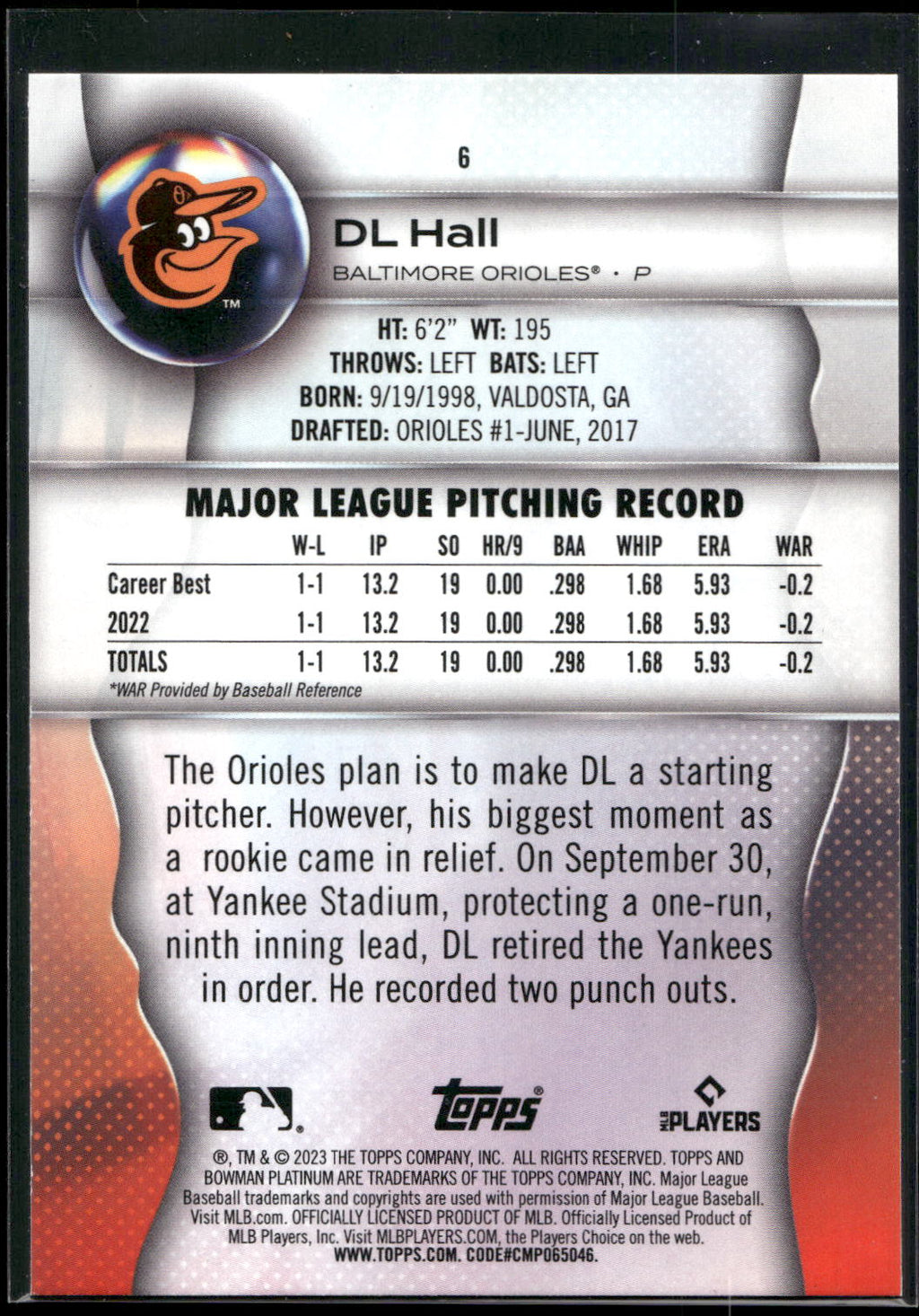 2023 Bowman Platinum #6 DL Hall