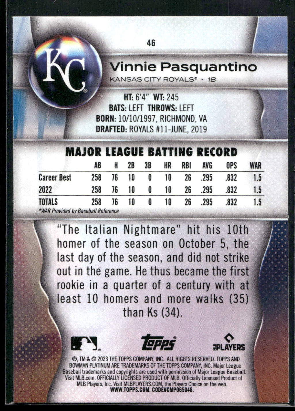2023 Bowman Platinum #46 Vinnie Pasquantino