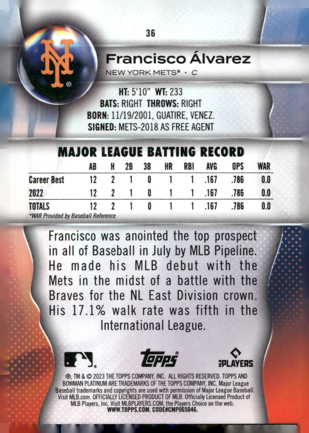 2023 Bowman Platinum #36 Francisco Álvarez