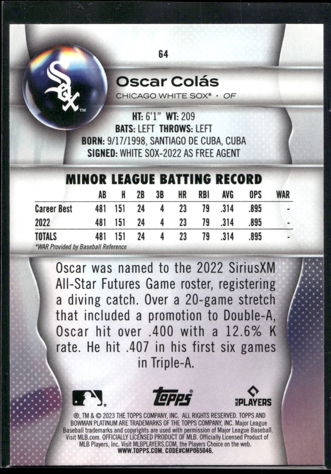 2023 Bowman Platinum #64 Oscar Colás